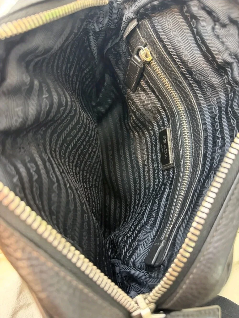 Prada Black Pebbled Leather Messenger Bag with Silver Hardware
